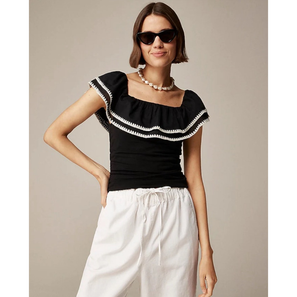J.Crew Top WMNS XS Black White Off Shoulder Ruffle Cotton Blend Mediterranean